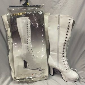 White patent lace up boots with side zipper